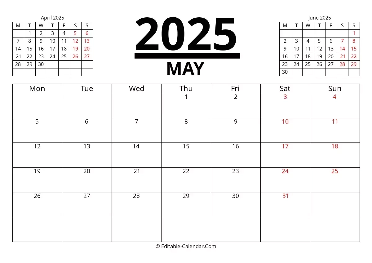 Monday Start Editable Calendar May 2025 In Excel Word PDF