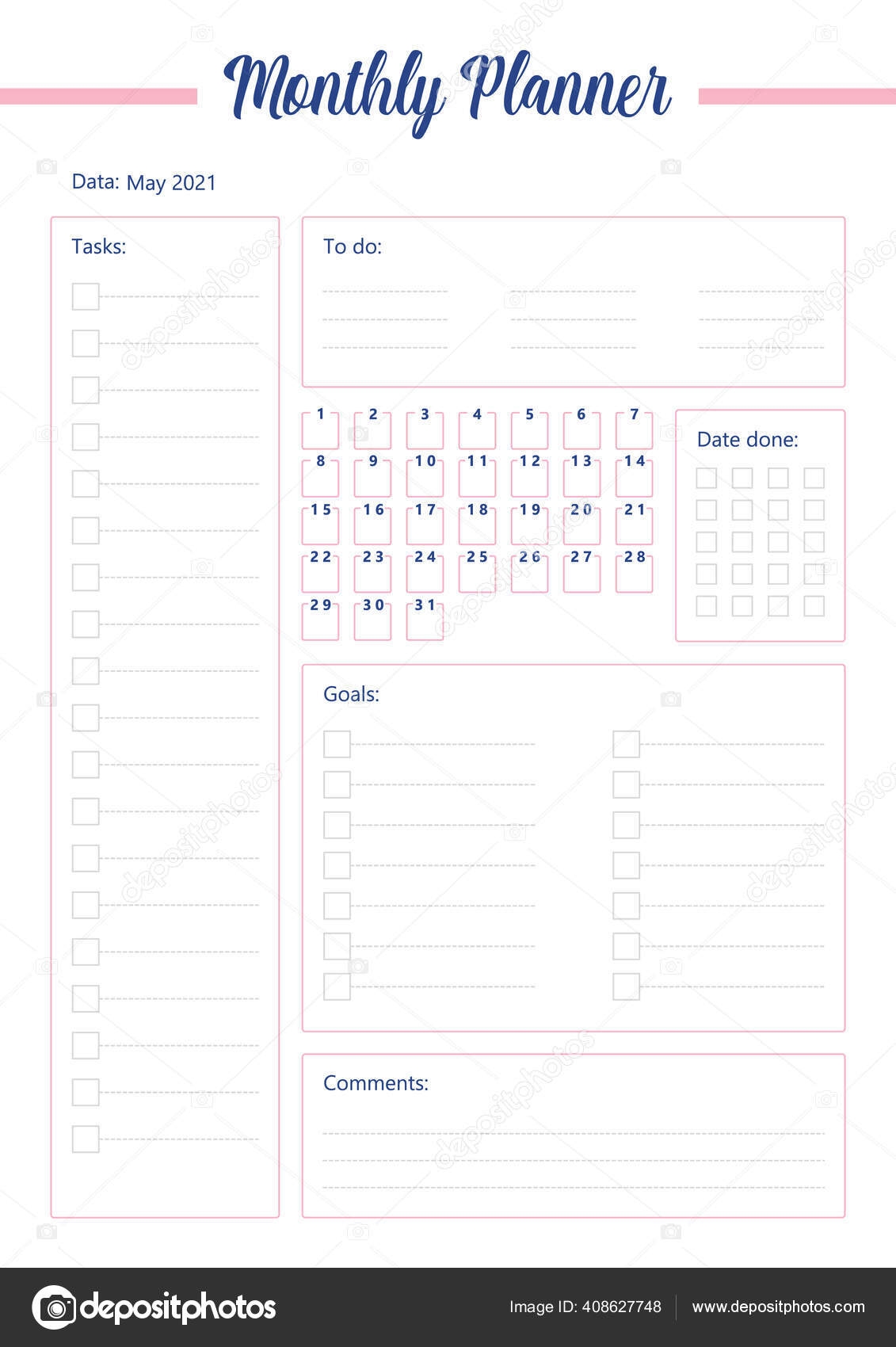 Monthly Planner Creative Planner Page Design Checklist Calendar Date Boxes Stock Vector By TheImg 408627748