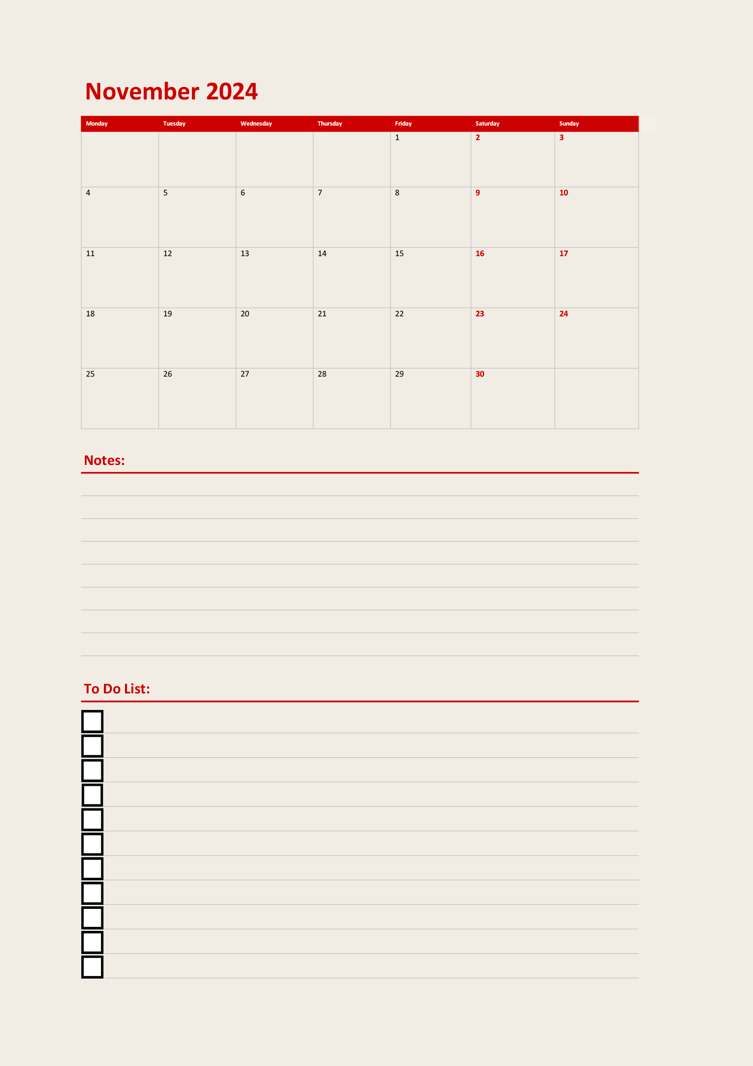 November Printable Calendar Template