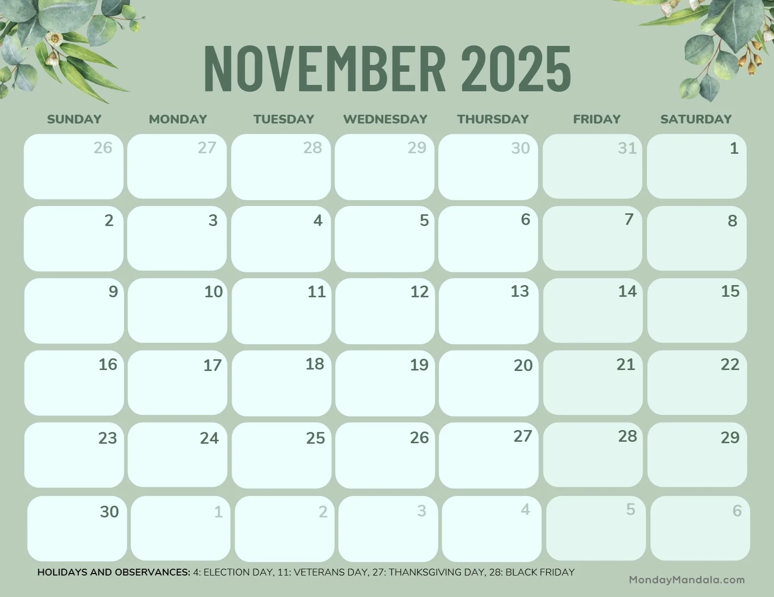 Printable November 2025 Calendar Page