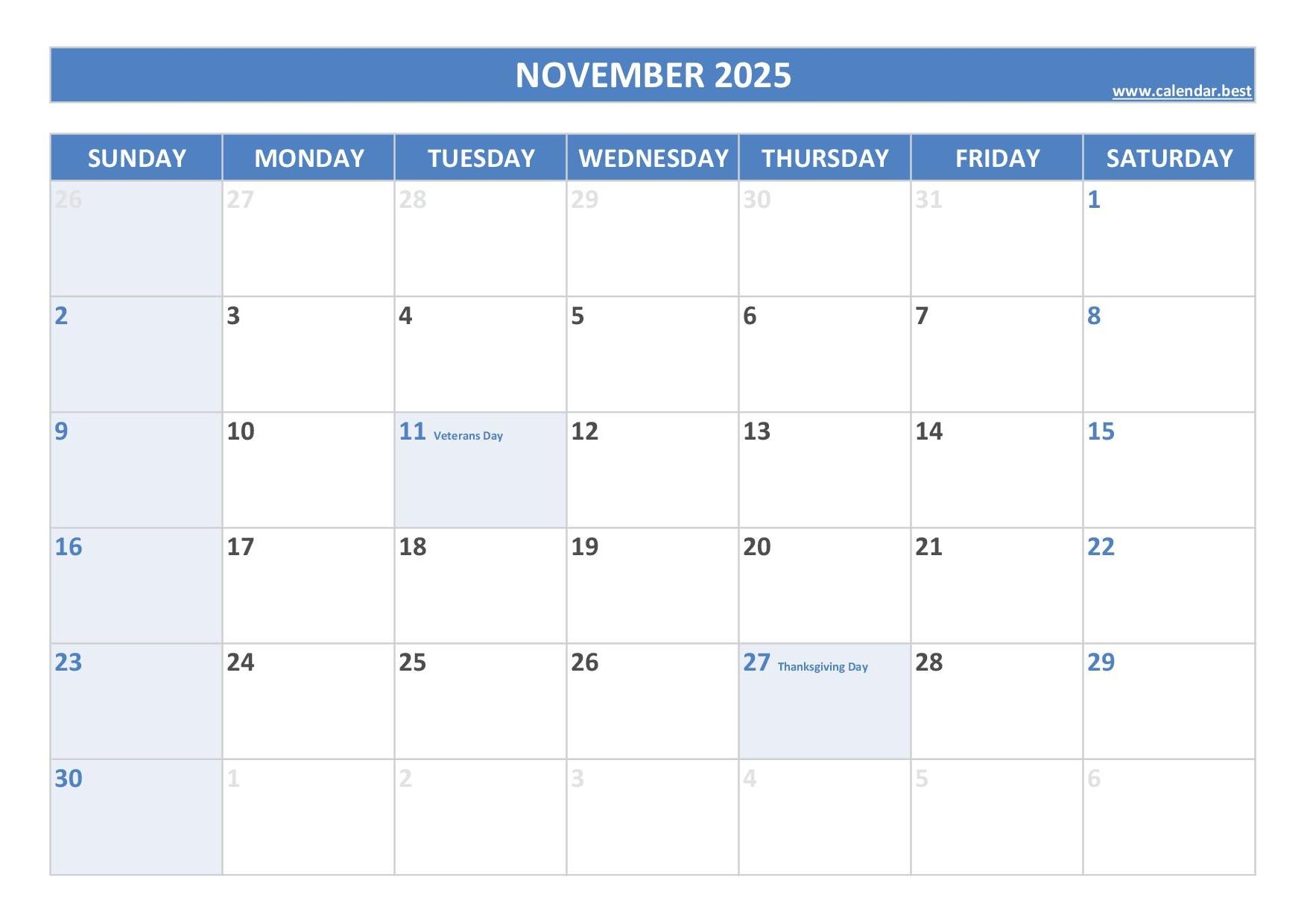 Blank Calendar Nov 2025 Printable
