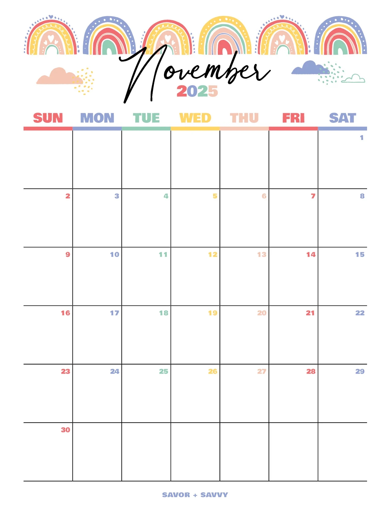 November 2025 Calendar Templates 14 Free Printables Savor Savvy