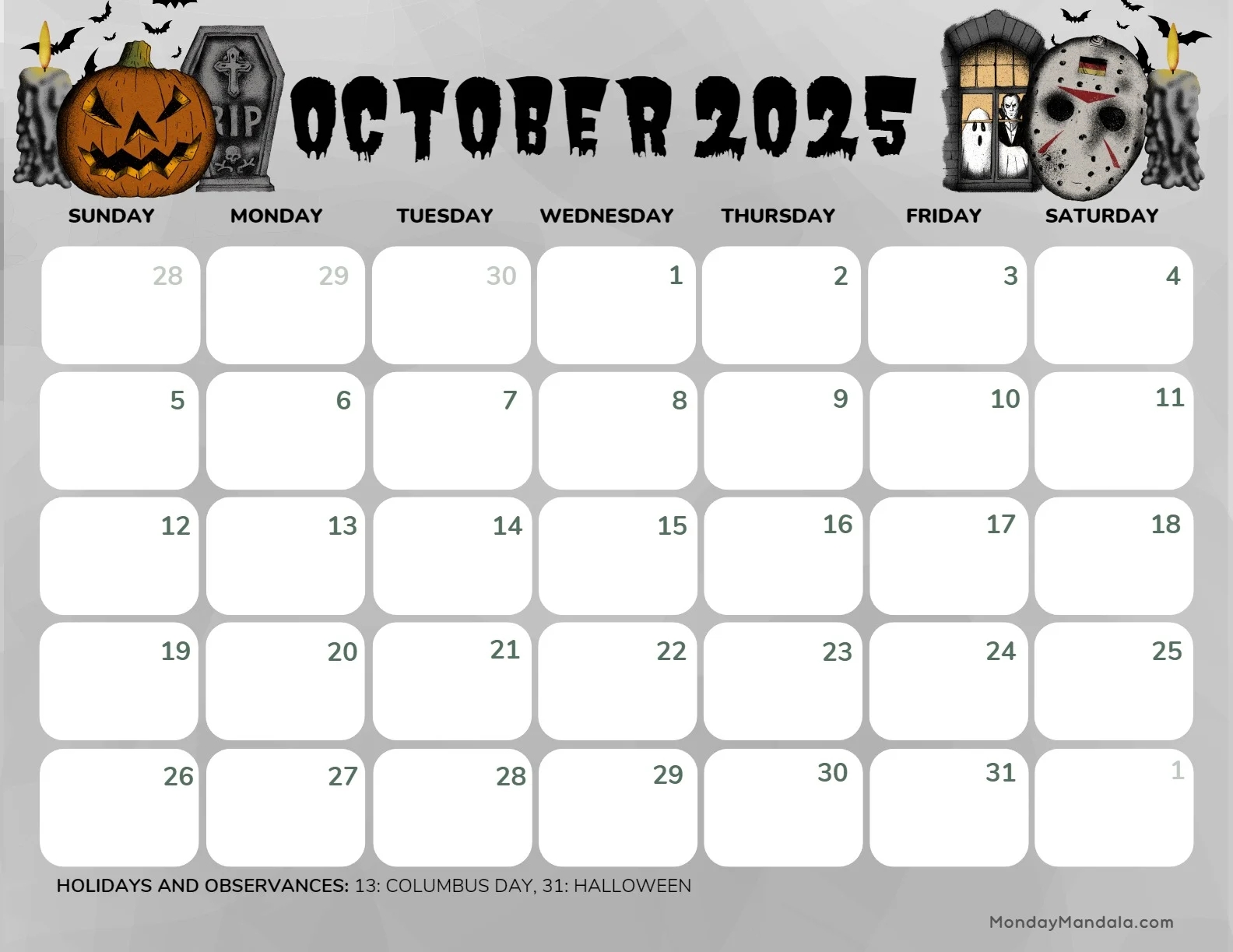 October 2025 Calendar 52 Free PDF Printables 