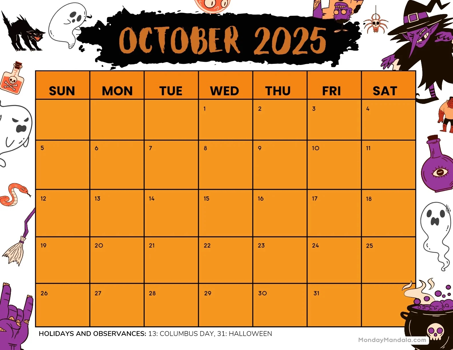Fall Theme Printable 2025 Calendar