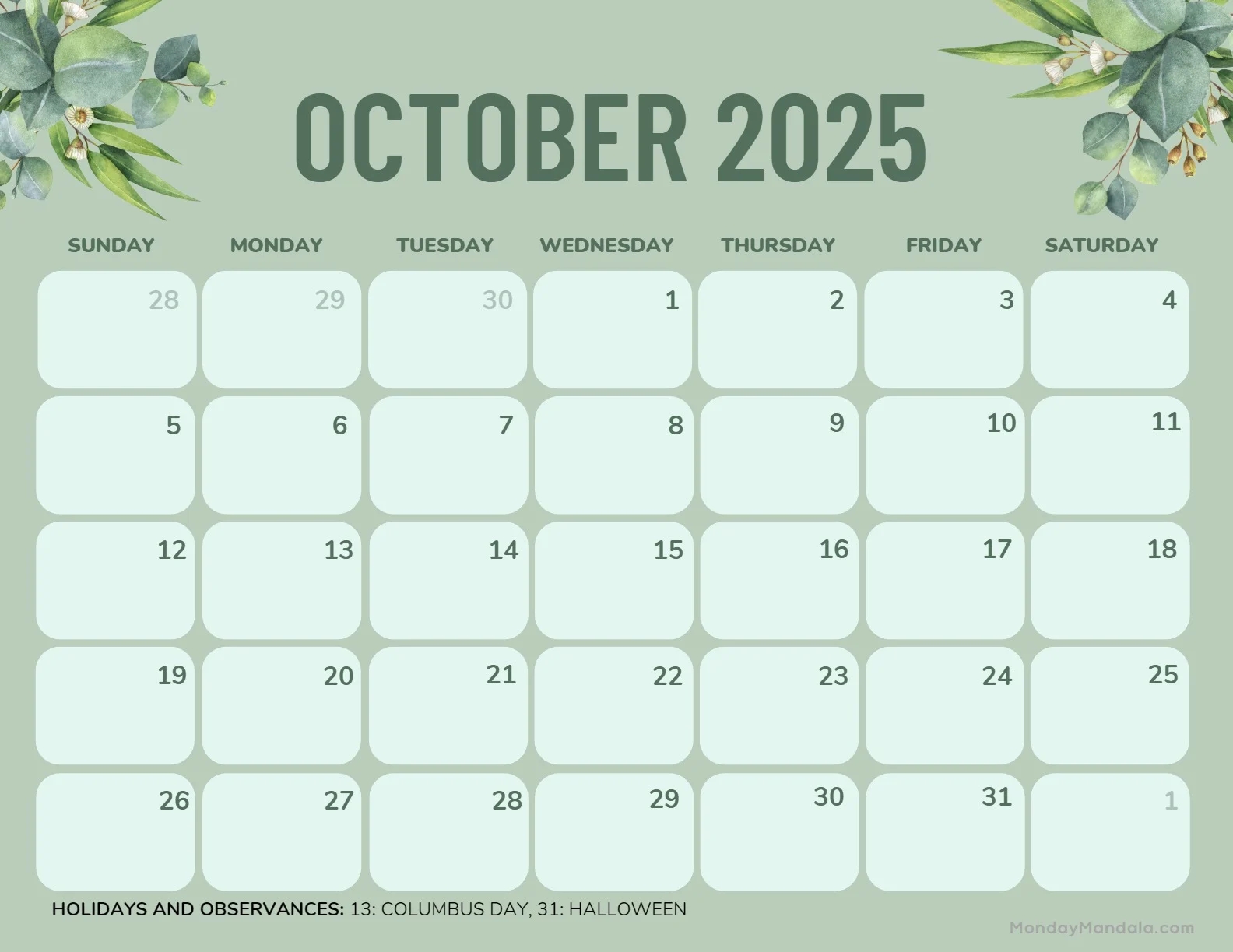Printable Blank Calendar For October 2025