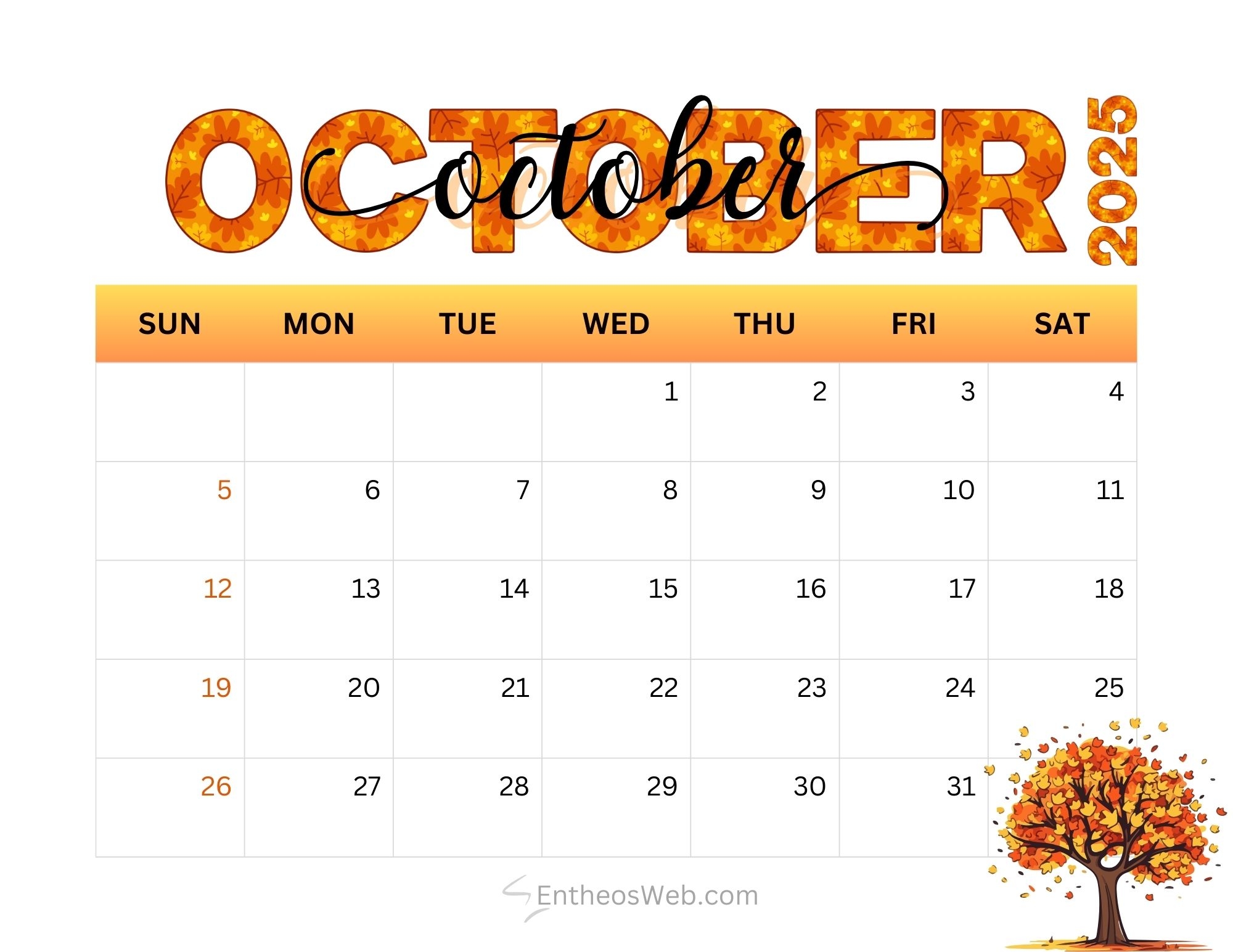 2025 Cute October Calendar Printable