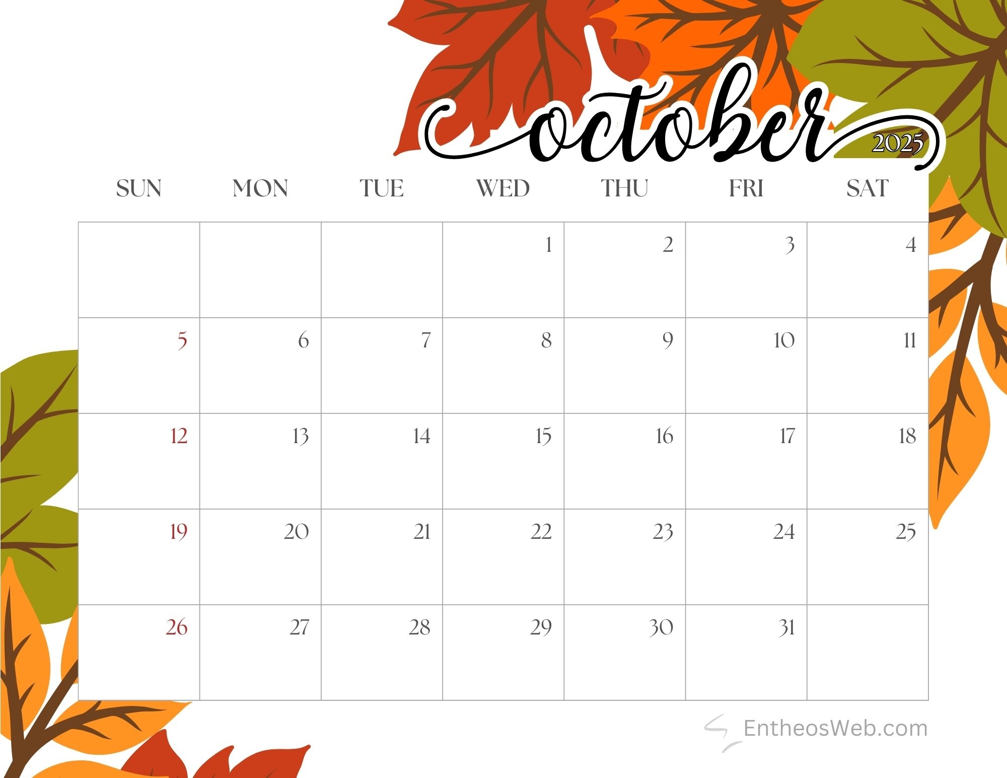 October 2025 Calendar Printables EntheosWeb