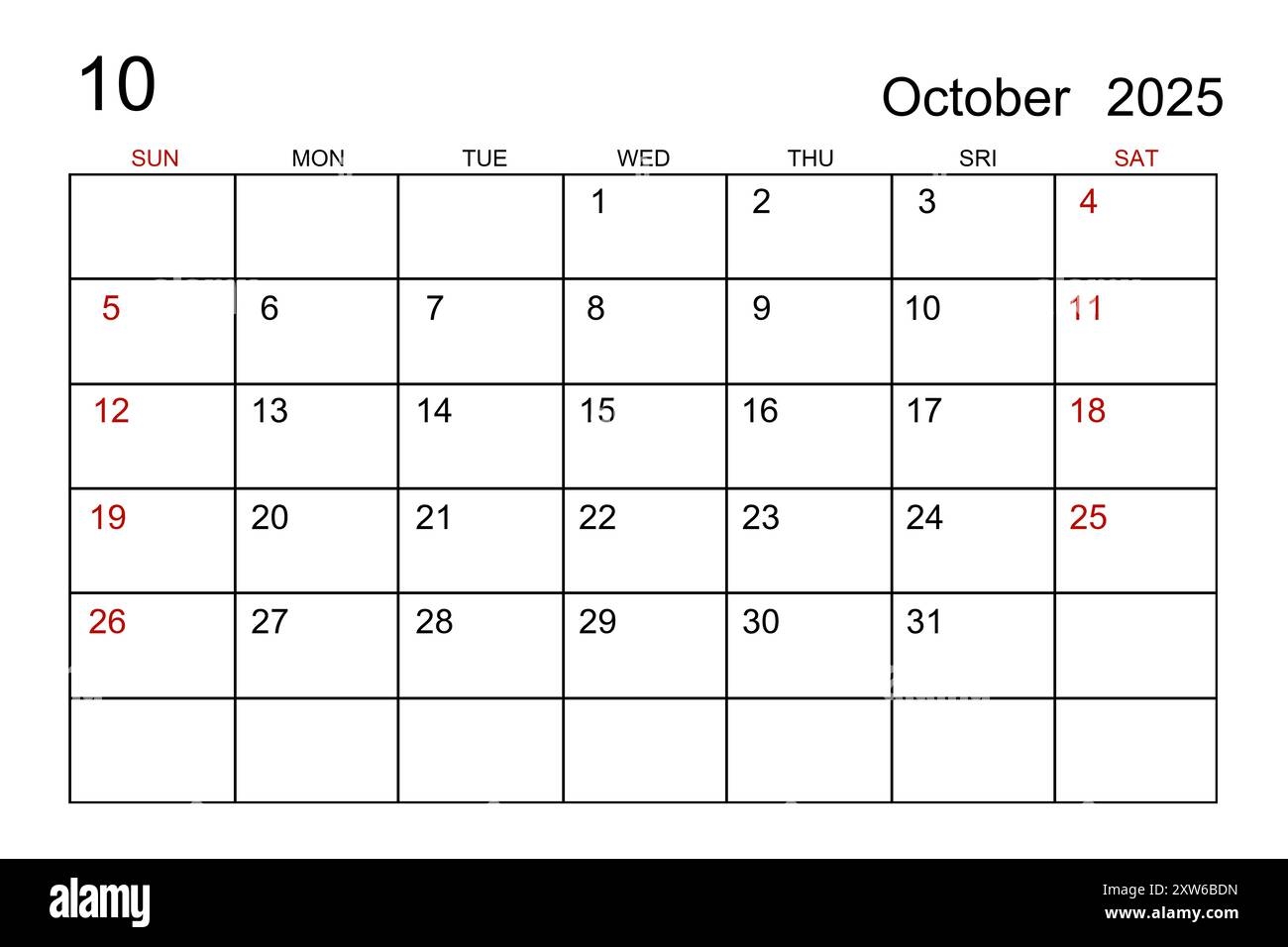 October 2025 Calendar Template On White Paper Background Stock Photo Alamy
