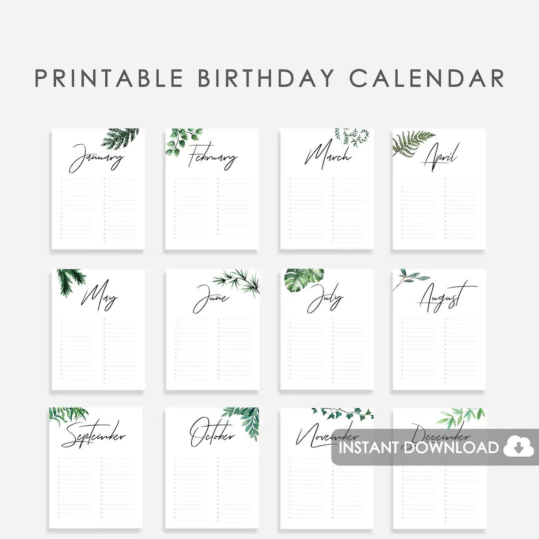 Perpetual Birthday Calendar Printable Wedding Guest Book Printable Printable Birthday Calendar Watercolor Greenery Printable Perpetual Etsy
