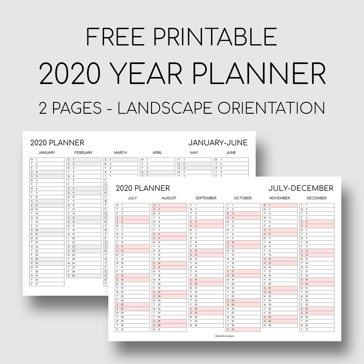 printable 2020 year planner two pages landscape orientation