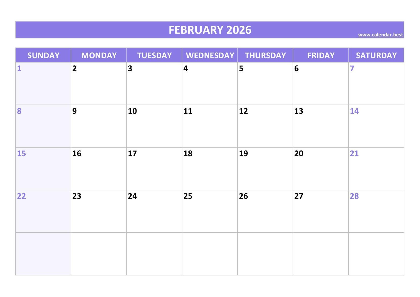 February 2026 Calendar Printable