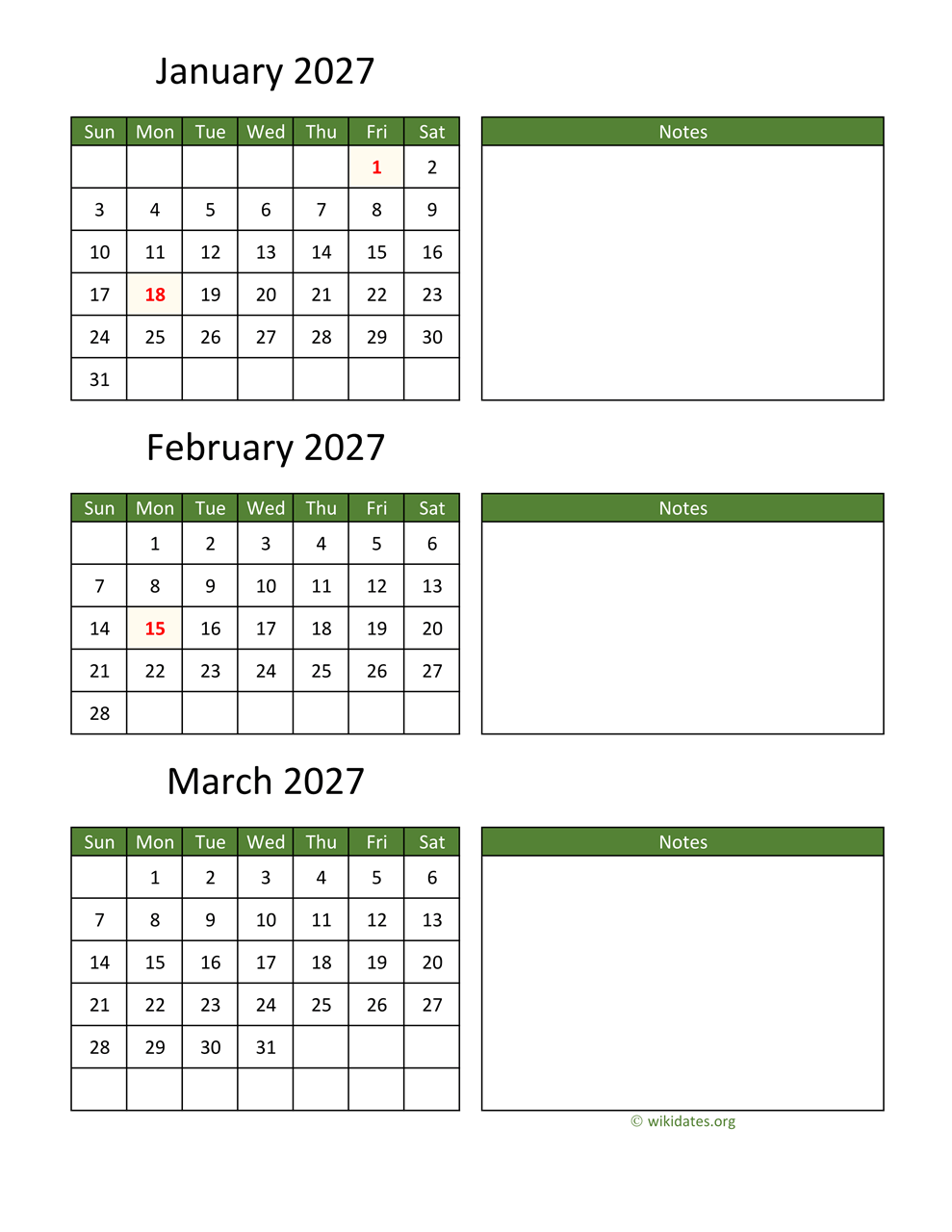 Printable 2027 Calendar WikiDates