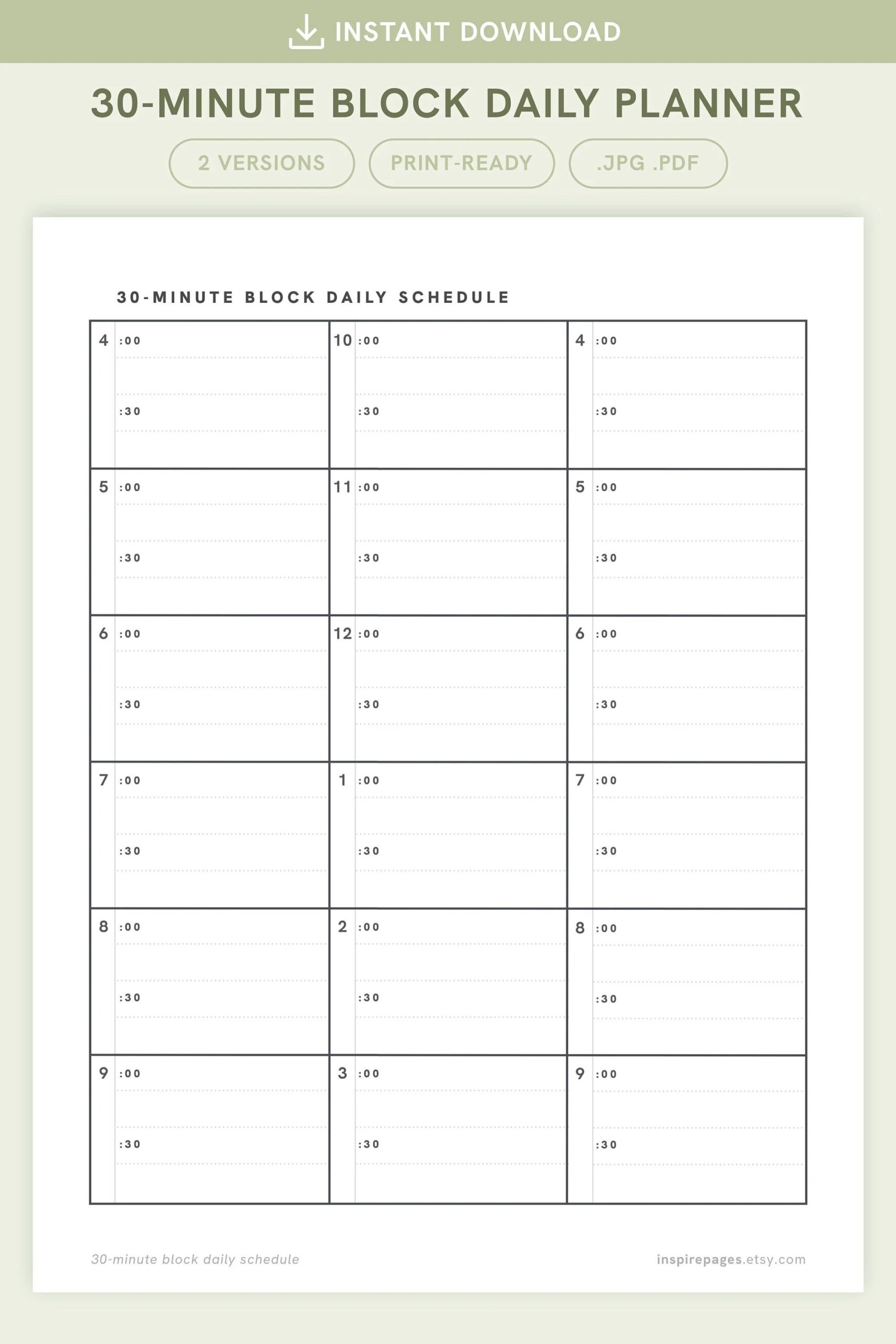Printable 30 minute Block Daily Planner Daily Schedule Portrait Format For Letter Half Letter A4 A5 Etsy