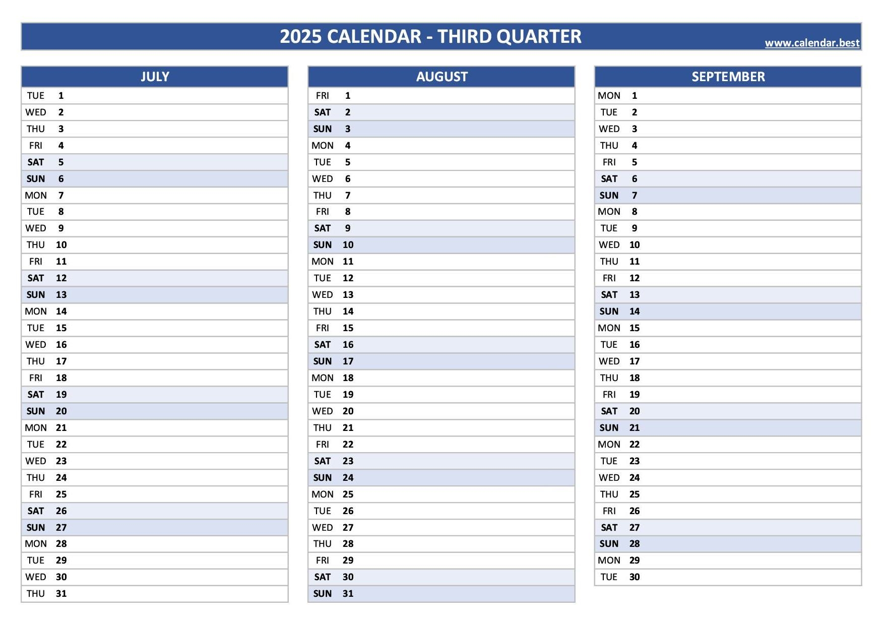 printable 3rd quarter 2025 calendar