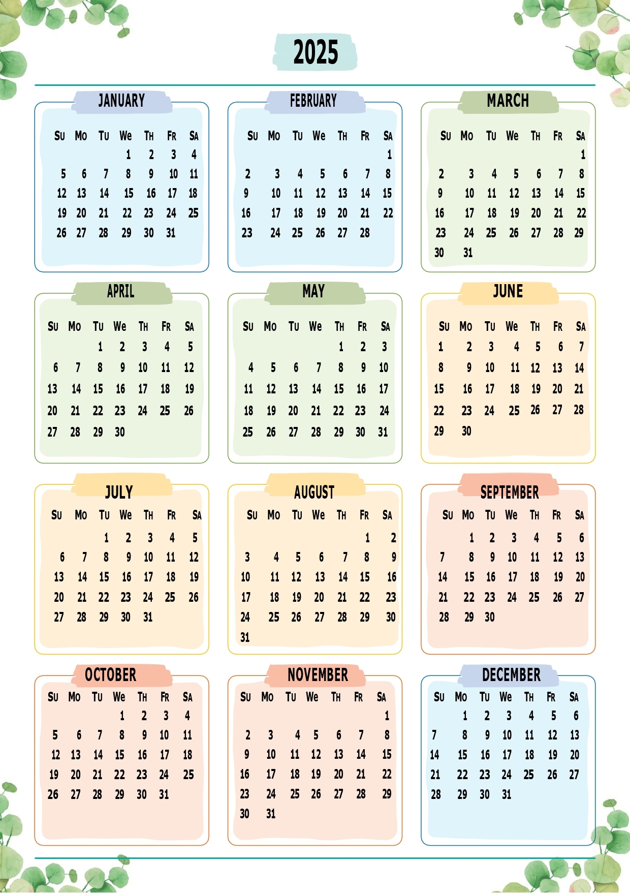 2025 One Page Calendar Printable