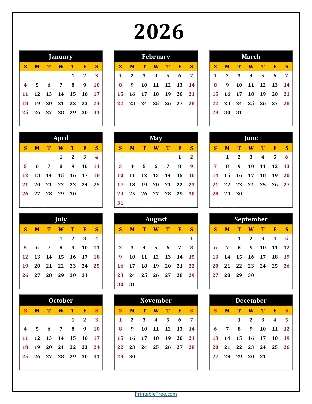 Printable Blank Daily Calendar 2026