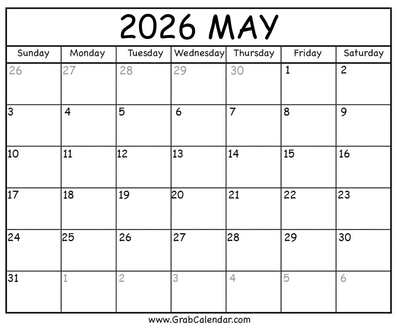 Printable May 2026 Calendar