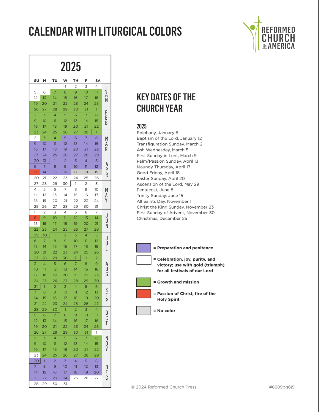RCA Liturgical Calendar Reformed Church In America