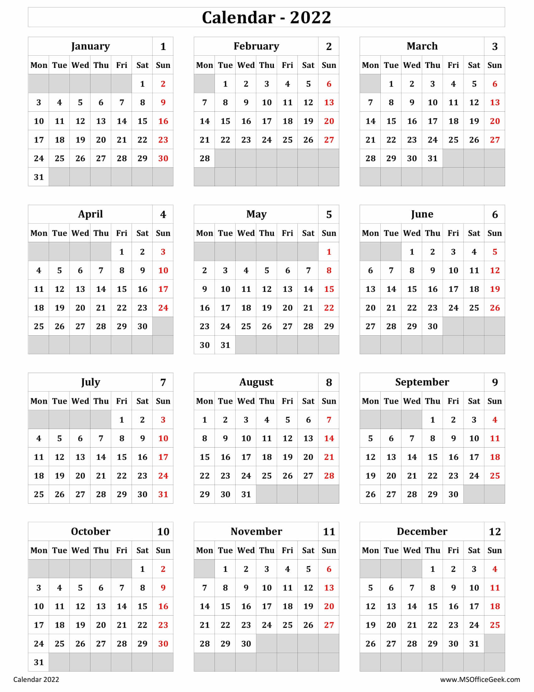 Printable Excel Calendar Starts On Monday