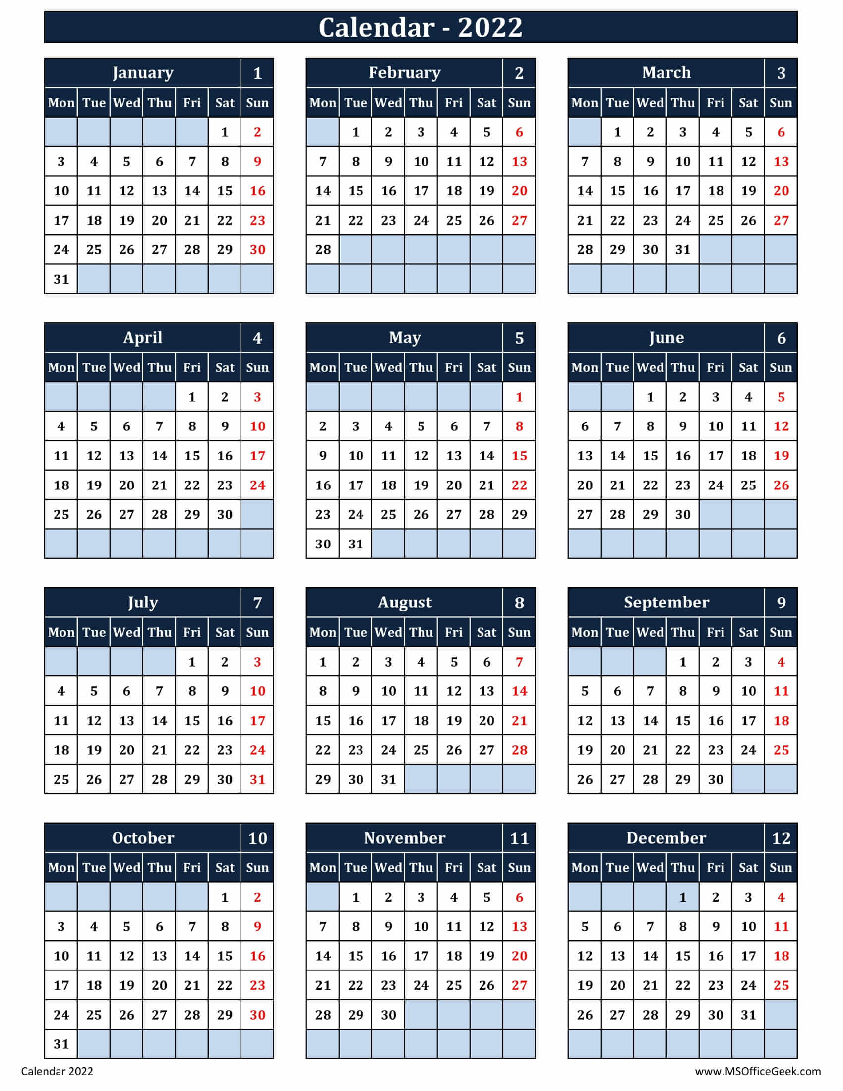 Ready To Use Printable Calendar 2022 Monday Start MSOfficeGeek