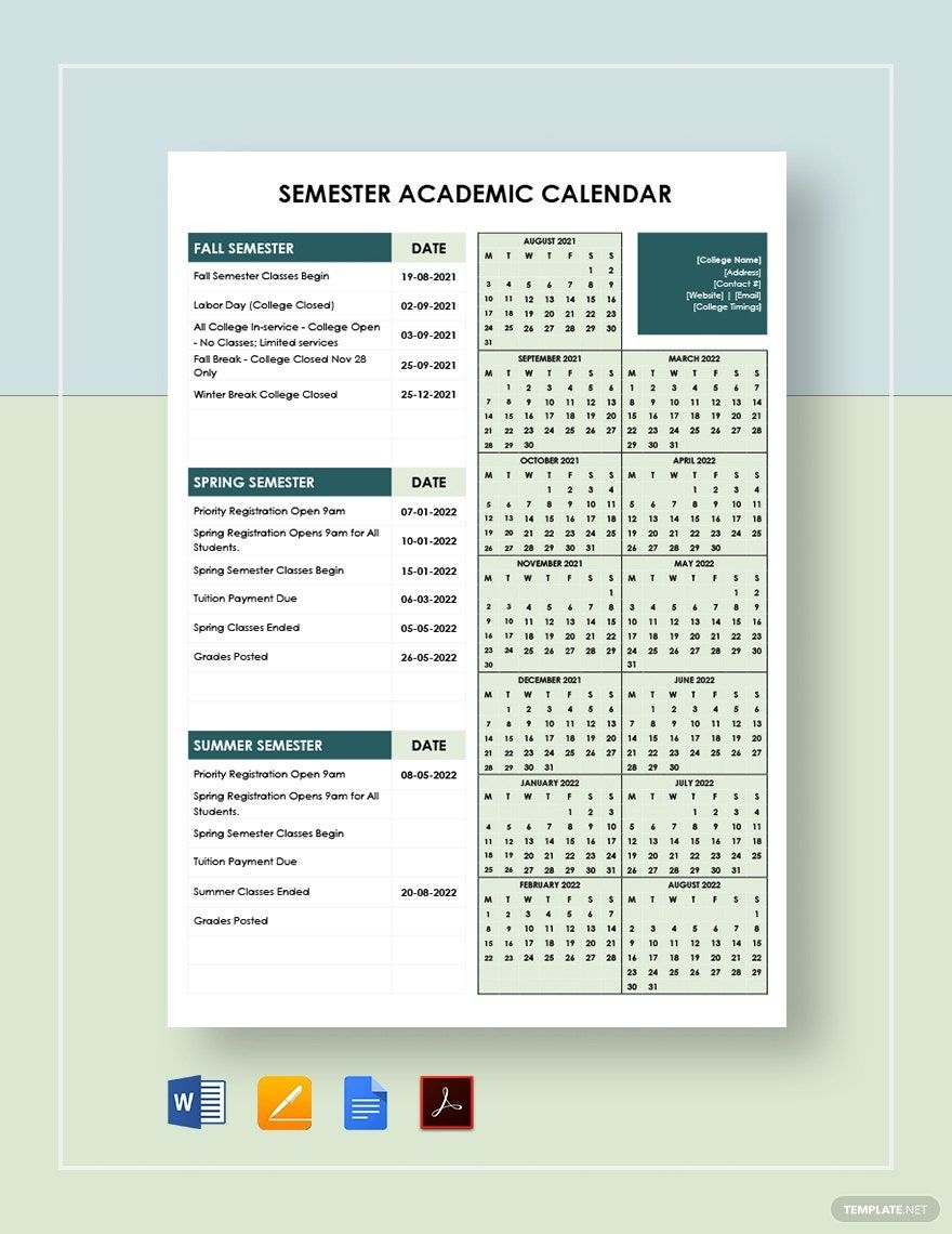 Semester Academic Calendar Template In Word Pages PDF Google Docs Download Template