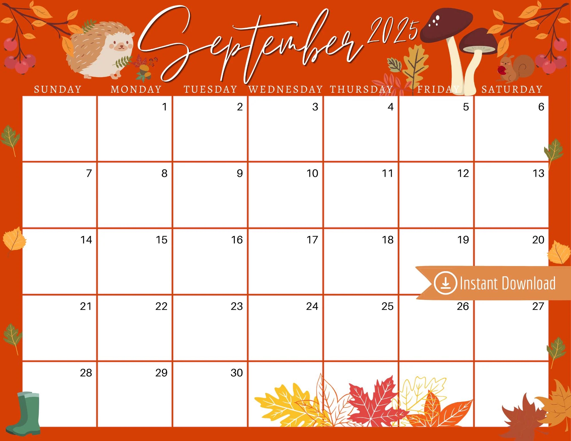 September 2025 Digital Calendar Orange Harvest Leaves Planner Editable Fillable Printable Calendar For Planning PDF PNG And JPG Download Etsy
