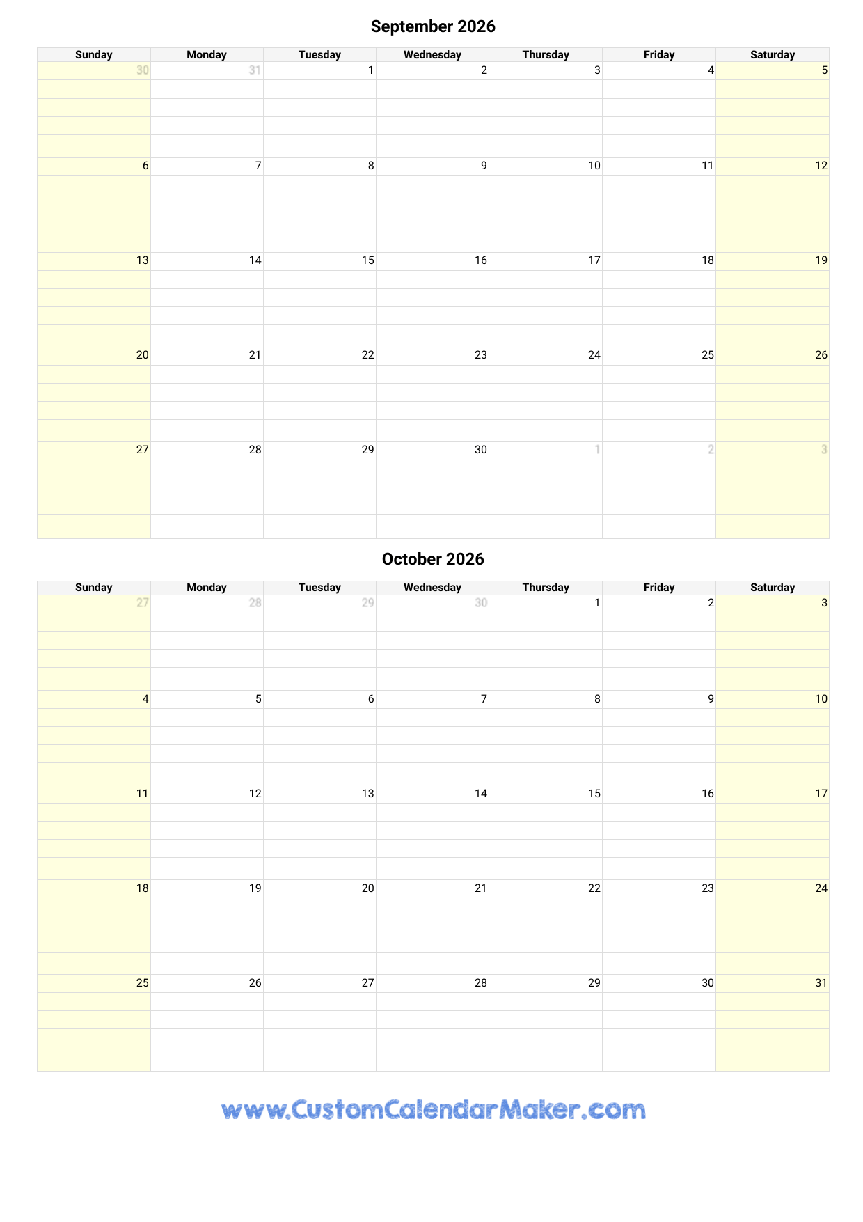 September And October 2026 Calendar Custom Calendar Maker
