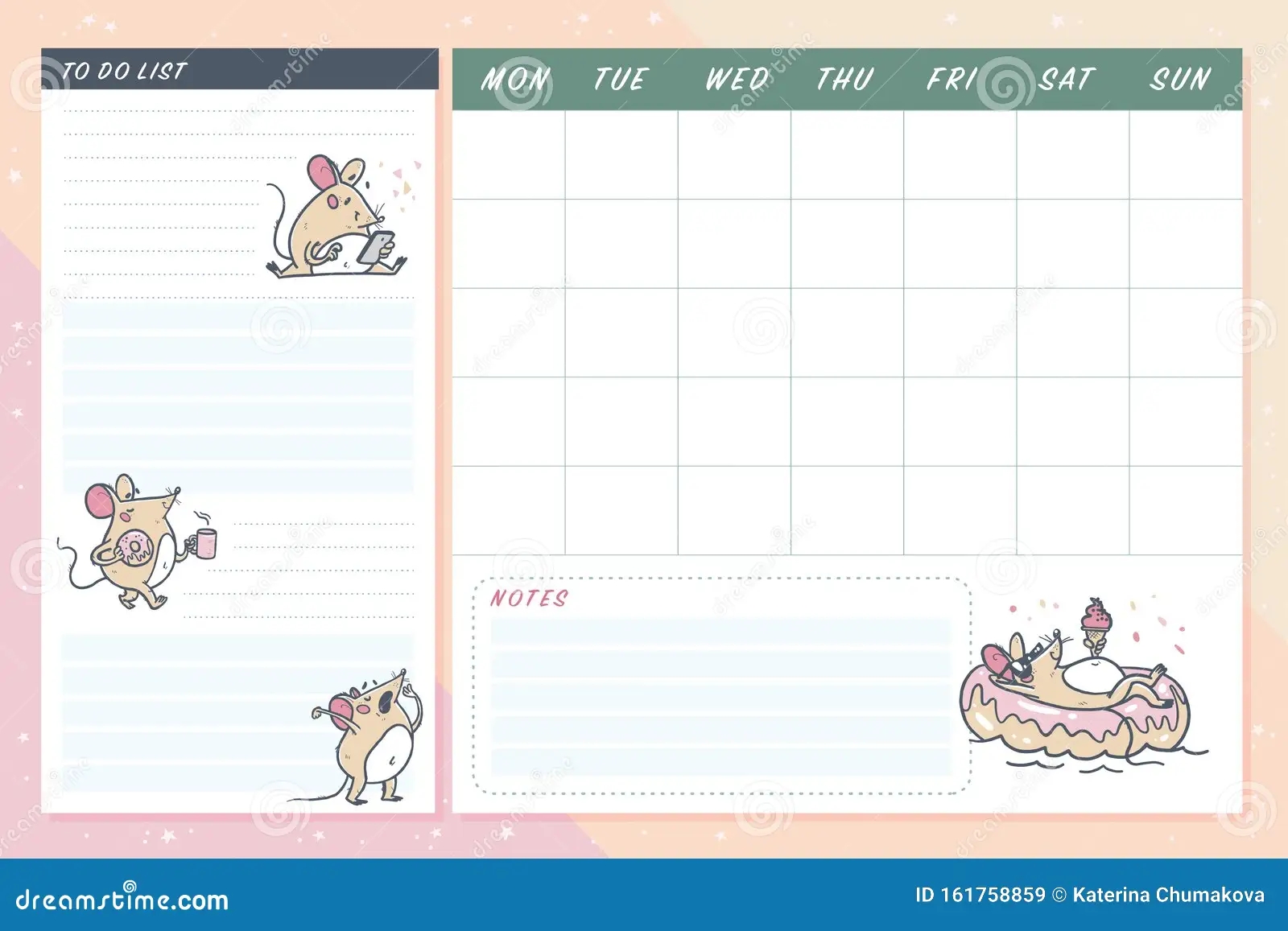 Set Of Monthly Calendar Planner Page Set Design Template For Children With Cute Hand Drawn Little Mouse Character Stock Vector Illustration Of Cute Character 161758859