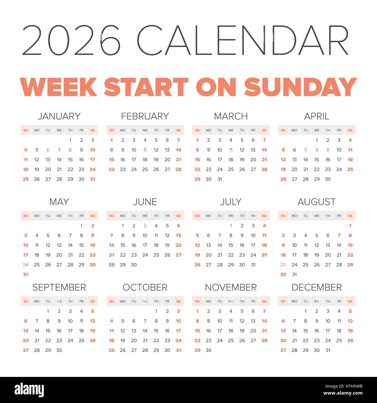 Simple 2026 Year Calendar Week Starts On Monday Stock Vector Image Art Alamy