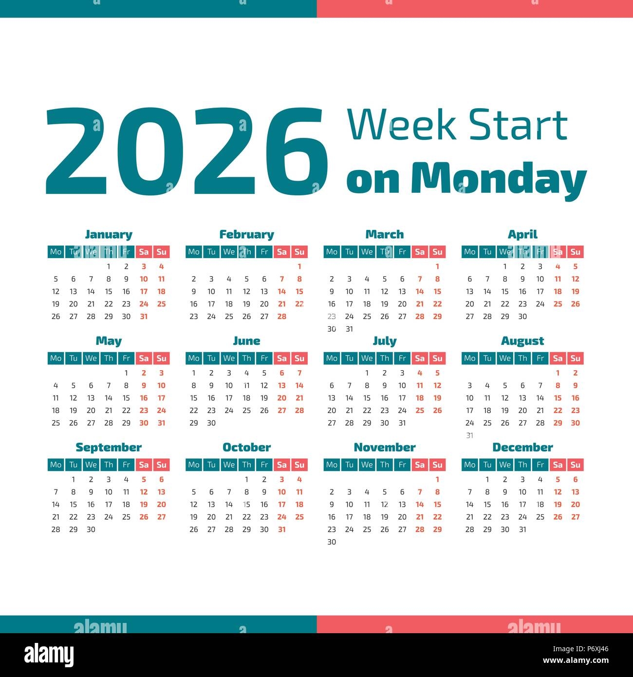 Simple 2026 Year Calendar Week Starts On Monday Stock Vector Image Art Alamy