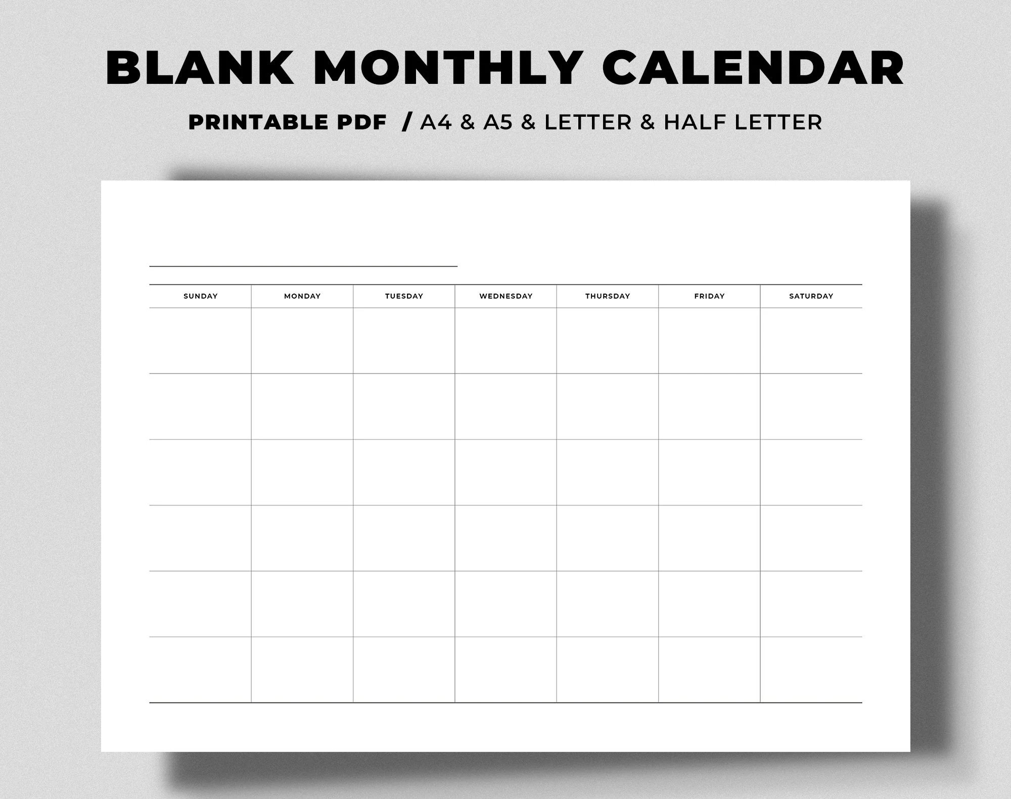 Simple Line Blank Monthly Calendar Printable PDF Horizontal Calendar Basic Calendar Sunday Start A4 A5 Letter Half Letter Size Etsy