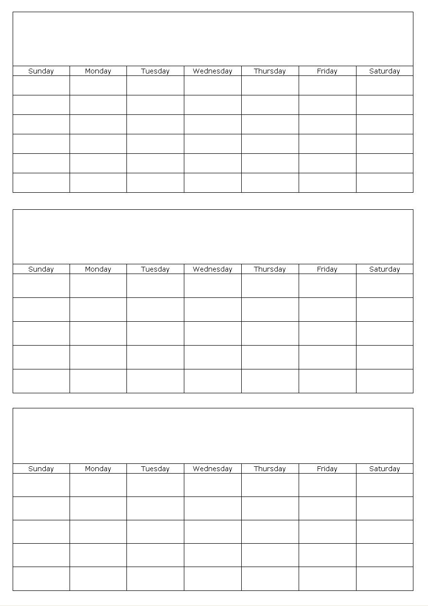 three months blank calendar template page