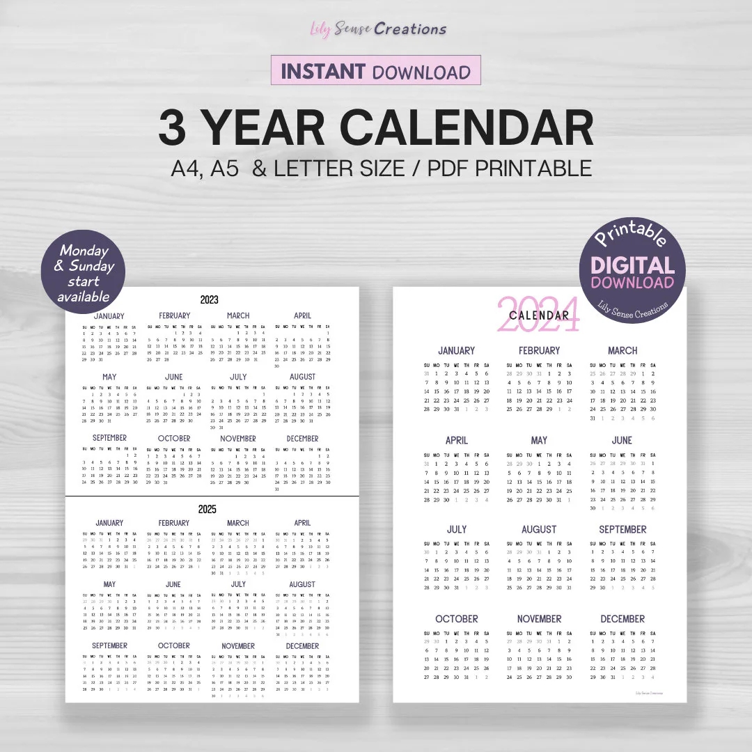 Three Year Calendar Printable 3 Year Calendar 2024 Calendar On One Page Instant Download 2025 Calendar Sunday Monday Start Etsy