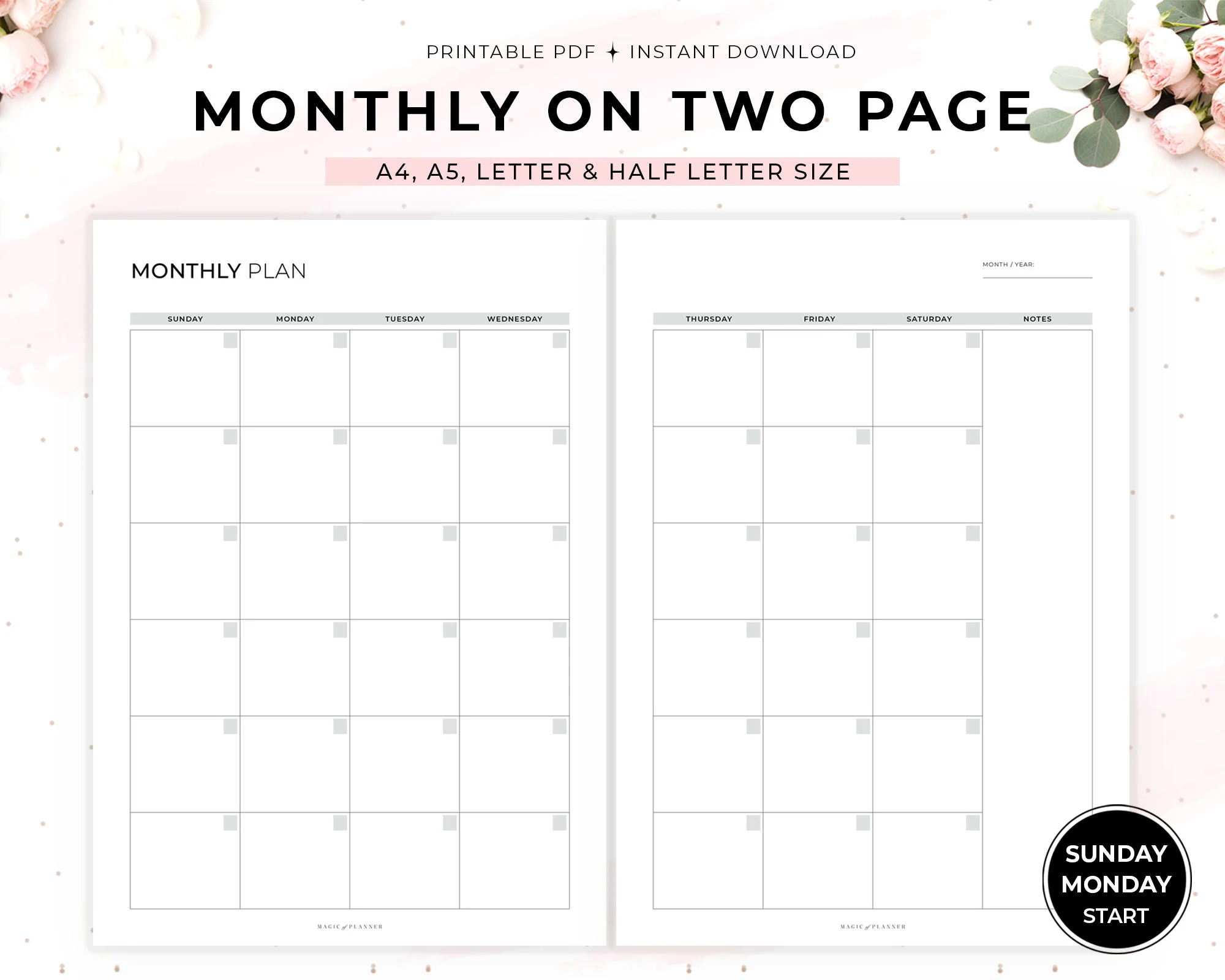 Undated Monthly Planner Printable Month On Two Pages Monthly Calendar Inserts Sunday Monday Start A4 A5 Letter Half Letter Size Etsy Undated Monthly Planner Printable Month On Two Pages Monthly Calendar Inserts Sunday Monday Start A4 A5 Letter Half Letter Size Etsy