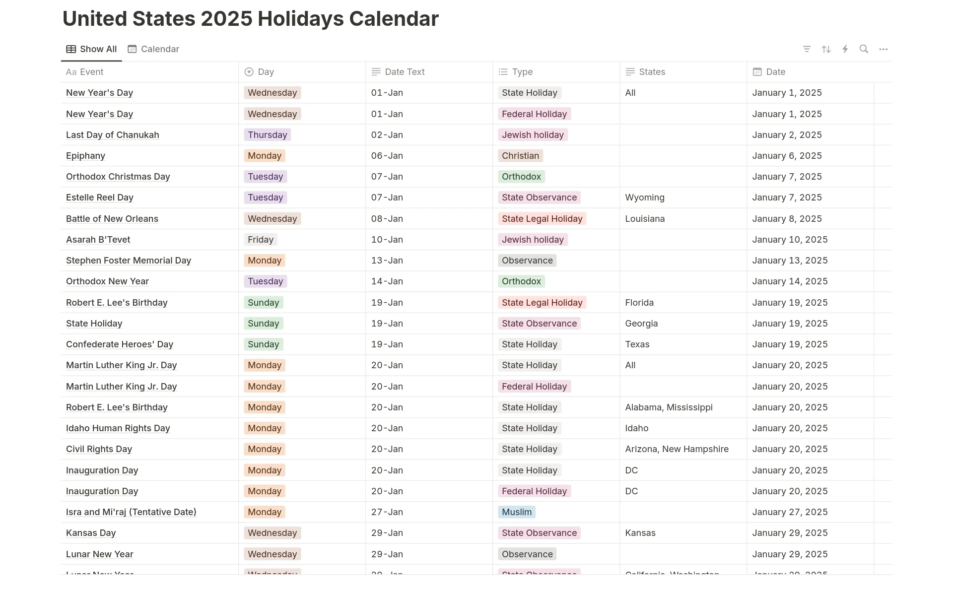 2025 Holidays Calendar Printable