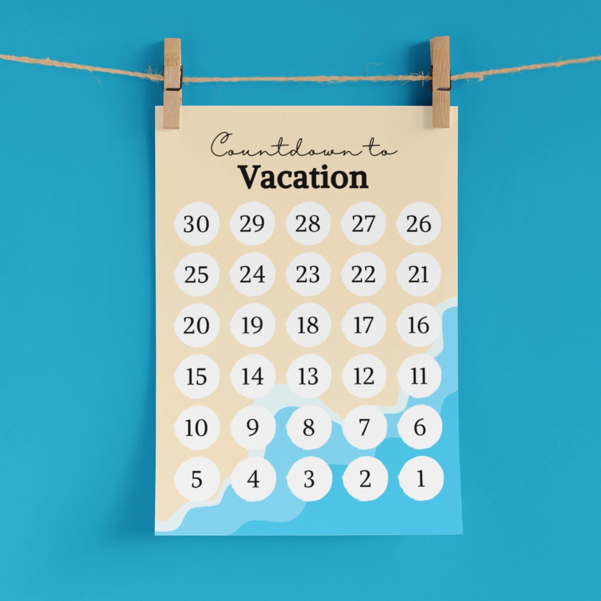 Vacation Countdown Printable Countdown Calendar 30 Days PDF Beach Waves Ocean Girls Trip Family Beach Summer Vacation Etsy