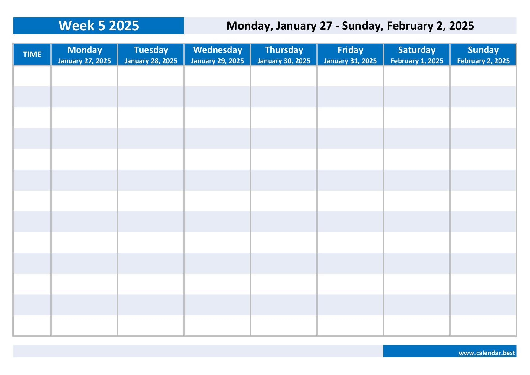 Week 5 2025 Dates Calendar And Weekly Schedule To Print