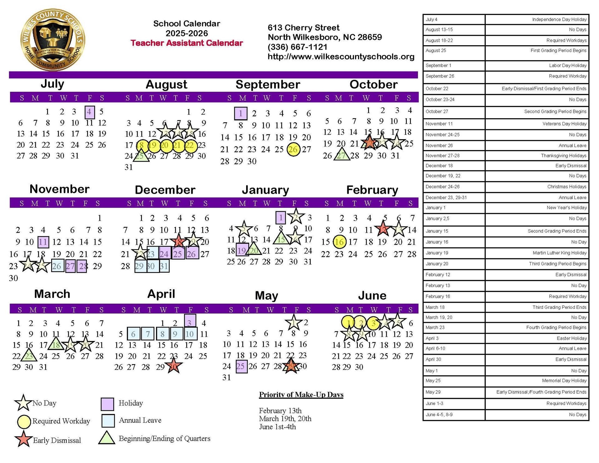 Year at a Glance District Calendars District Wilkes County Schools