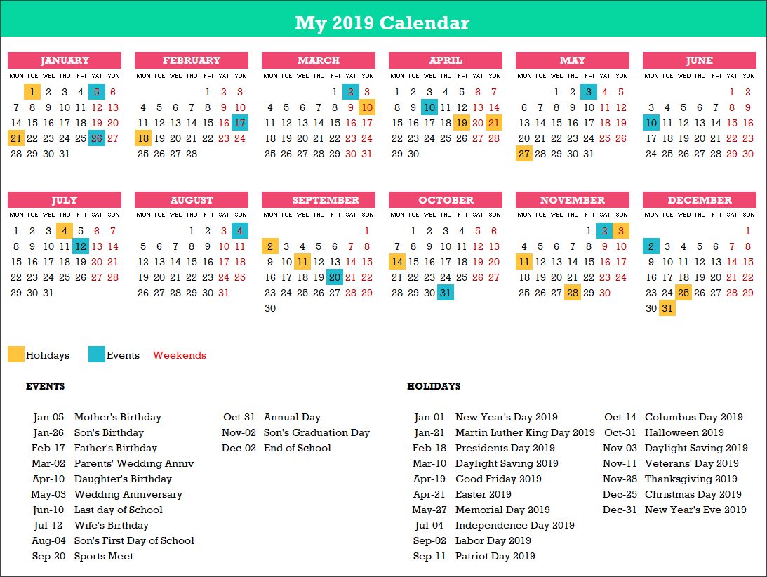 2019 Excel Calendar Template 19 Calendar Designs Download