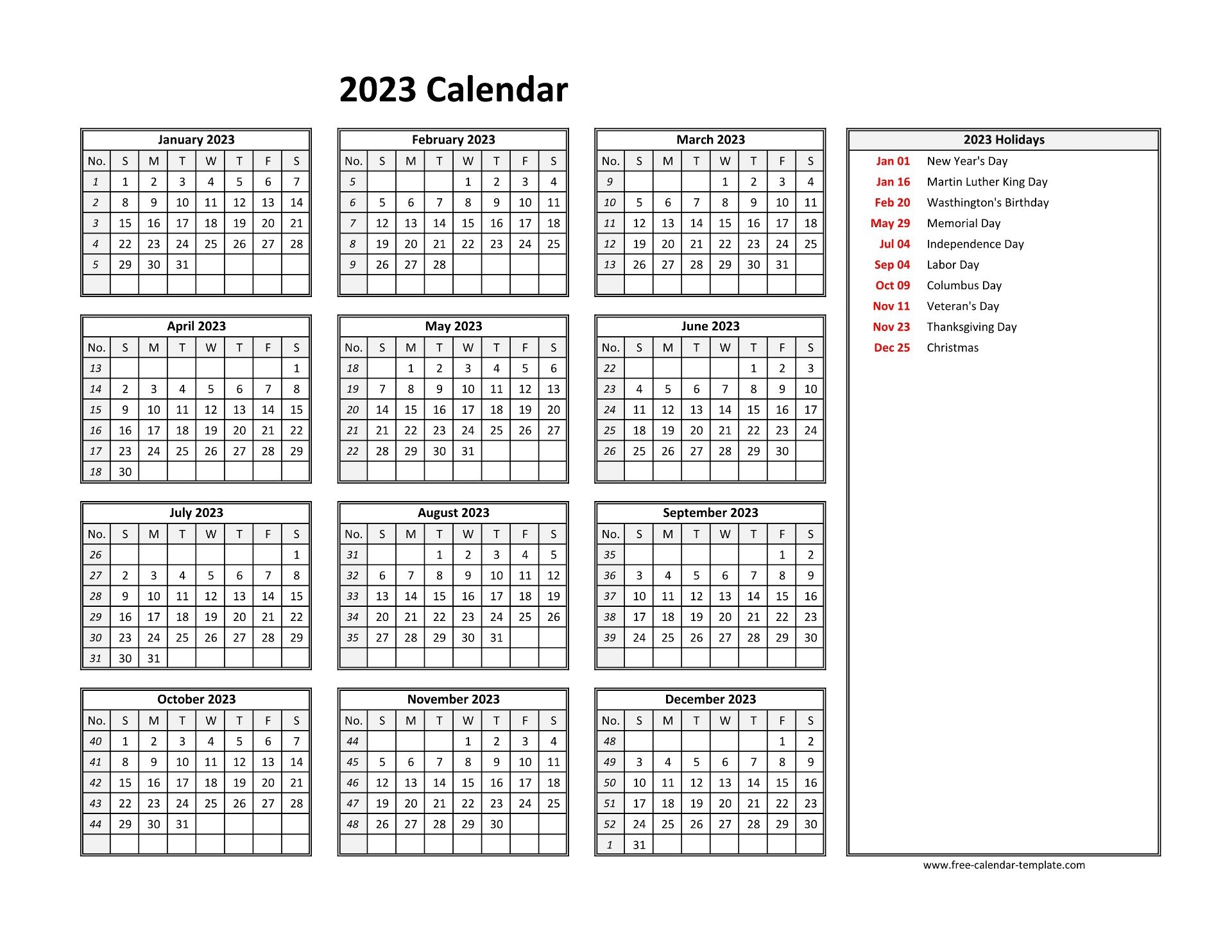 2023 Yearly Calendar Printable With Week Numbers Free calendar template 