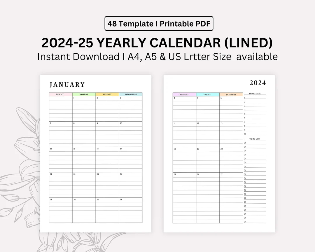 2024 2025 monthly lined calendar printable dated month on 2 pages month at a glance a4 a5 letter half instant download etsy