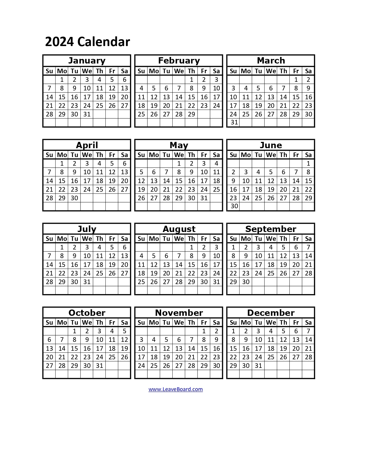 2024 Calendar Printable PDF Excel With Holidays Free Download 