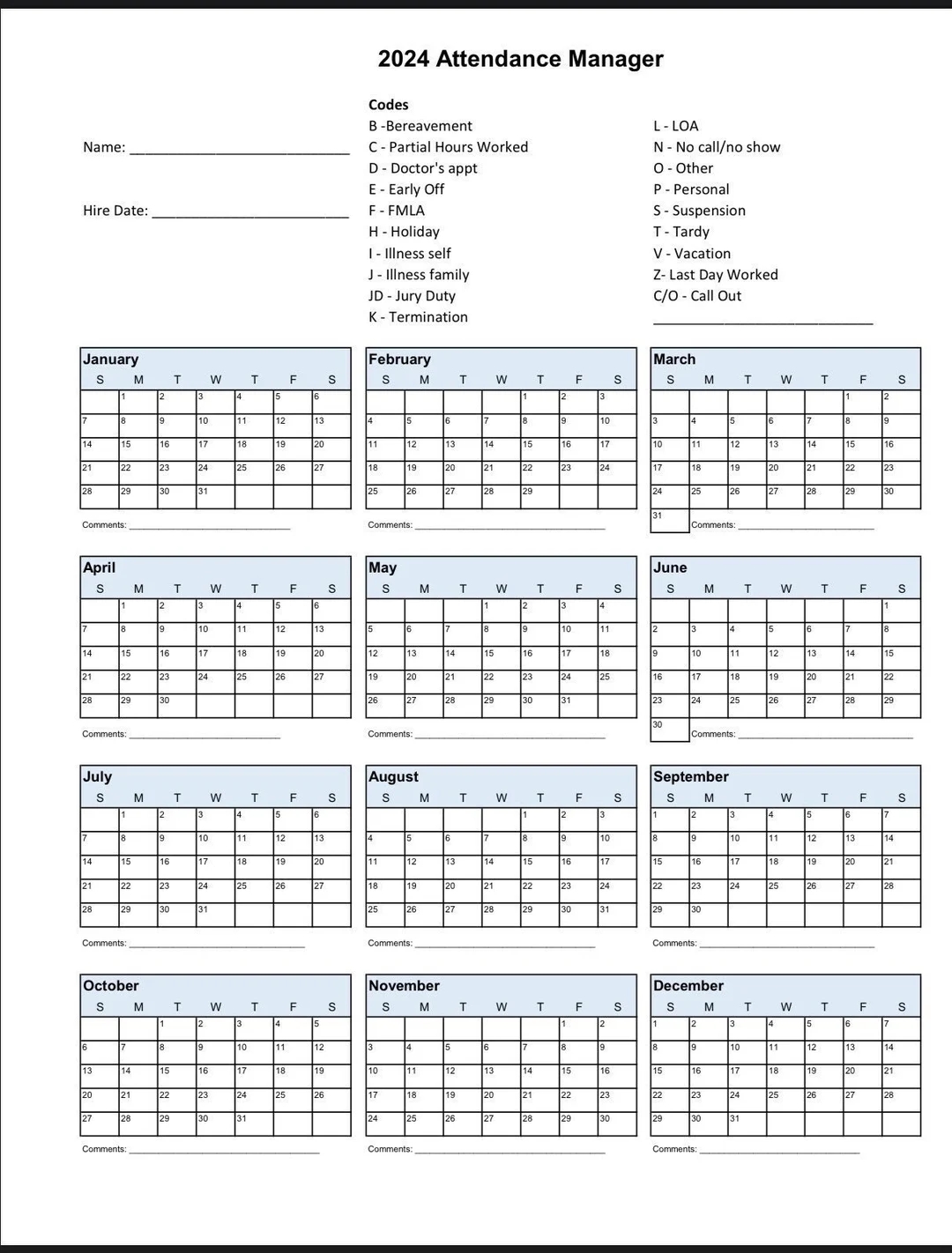 2024 Employee School Attendance Tracker Calendar Employee Vacation Record Home School Attendance Record Small Business PDF Digital Etsy