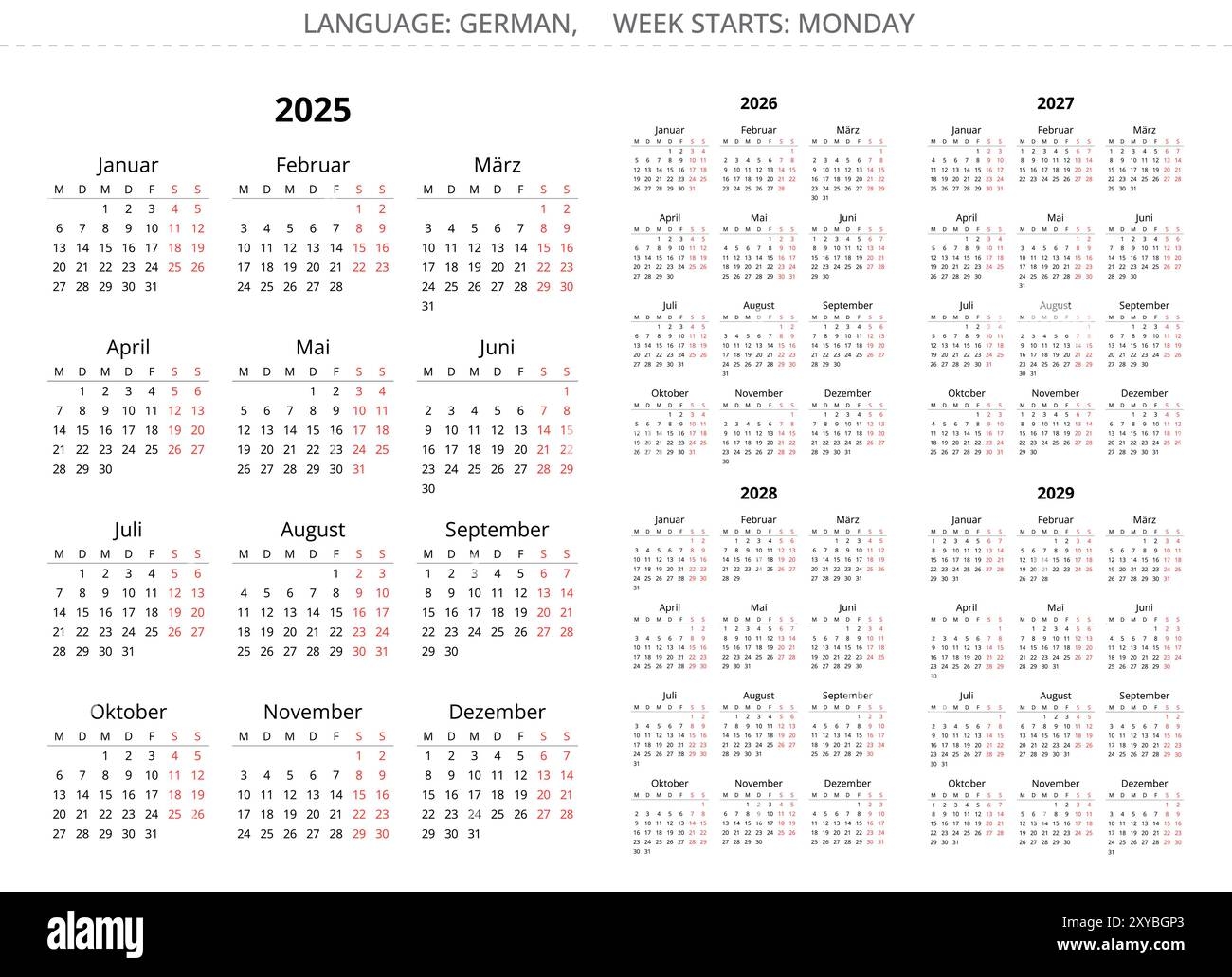 2025 2026 2027 2028 2029 Year Vertical German Calendars Printable Vector Illustration Set For Germany Stock Vector Image Art Alamy