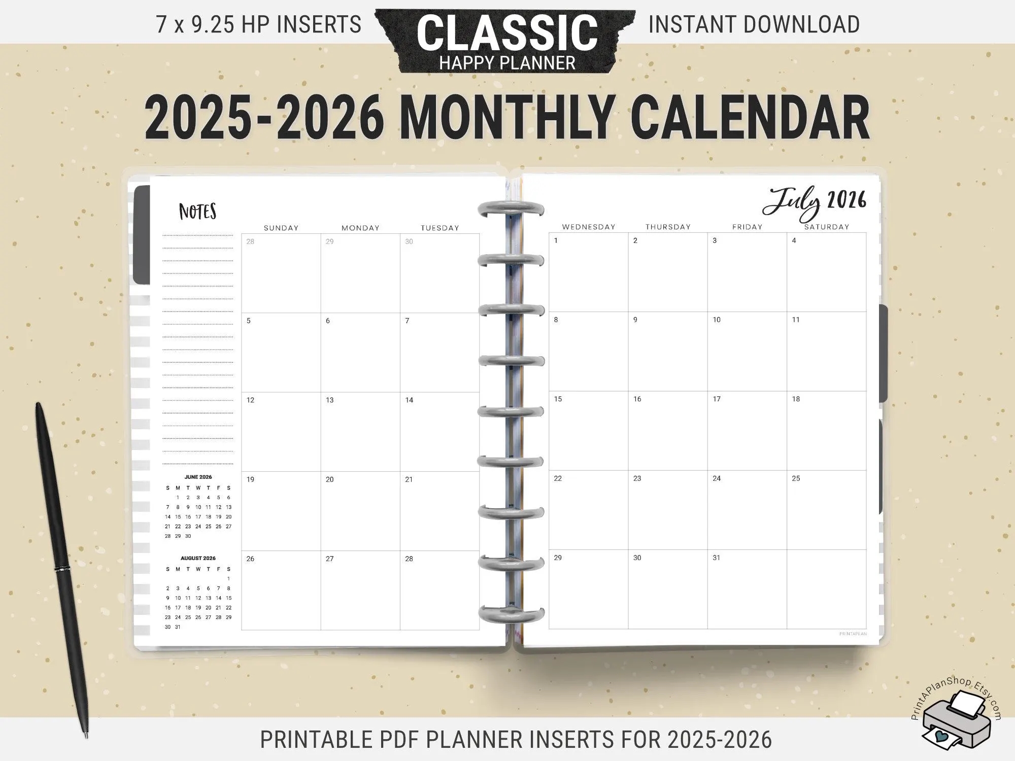 2025 2026 Classic Happy Planner Monthly Calendar Inserts Printable Pages Digital Download PDF Etsy