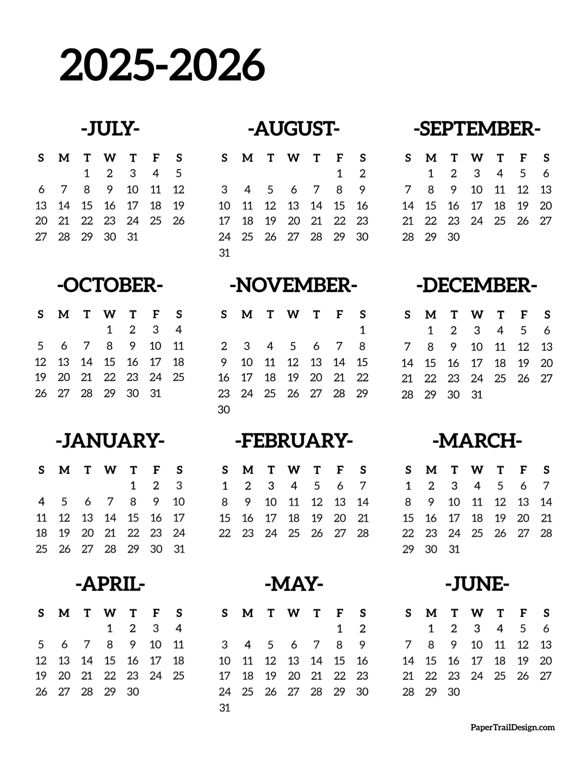 2025 2026 school year calendar free printable paper trail design