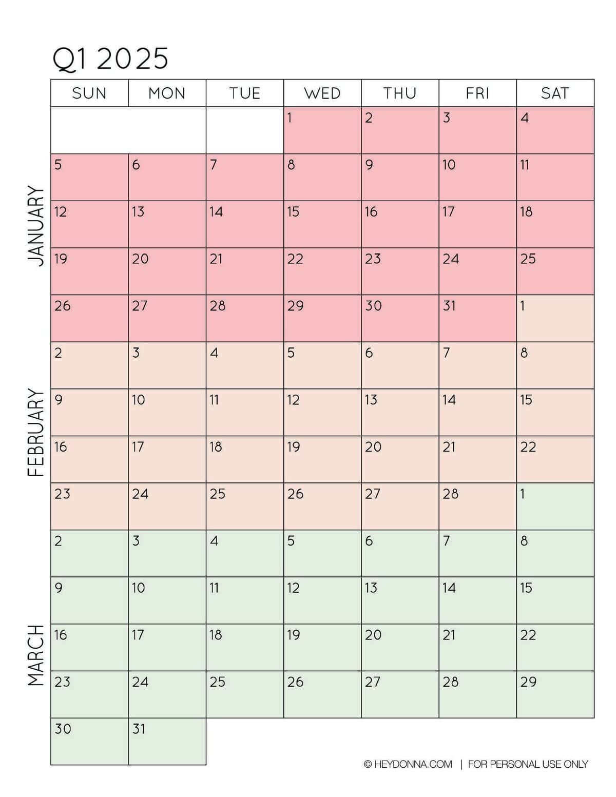 2025 Vertical Printable Monthly Calendars