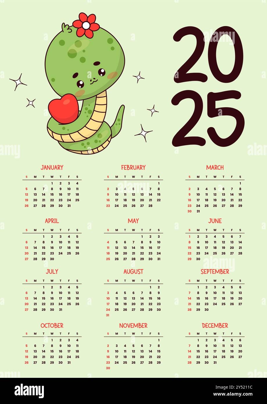 2025 annual calendar cute snake girl with heart funny kawaii character new year vector vertical template 12 months in english week starts sunday stock vector image art alamy