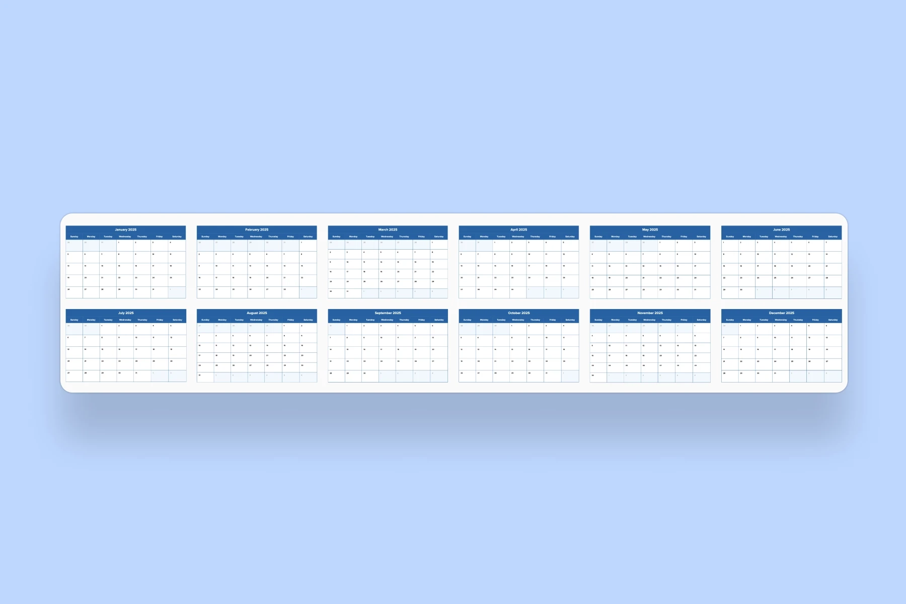 2025 Annual Calendar Grid Template Mural
