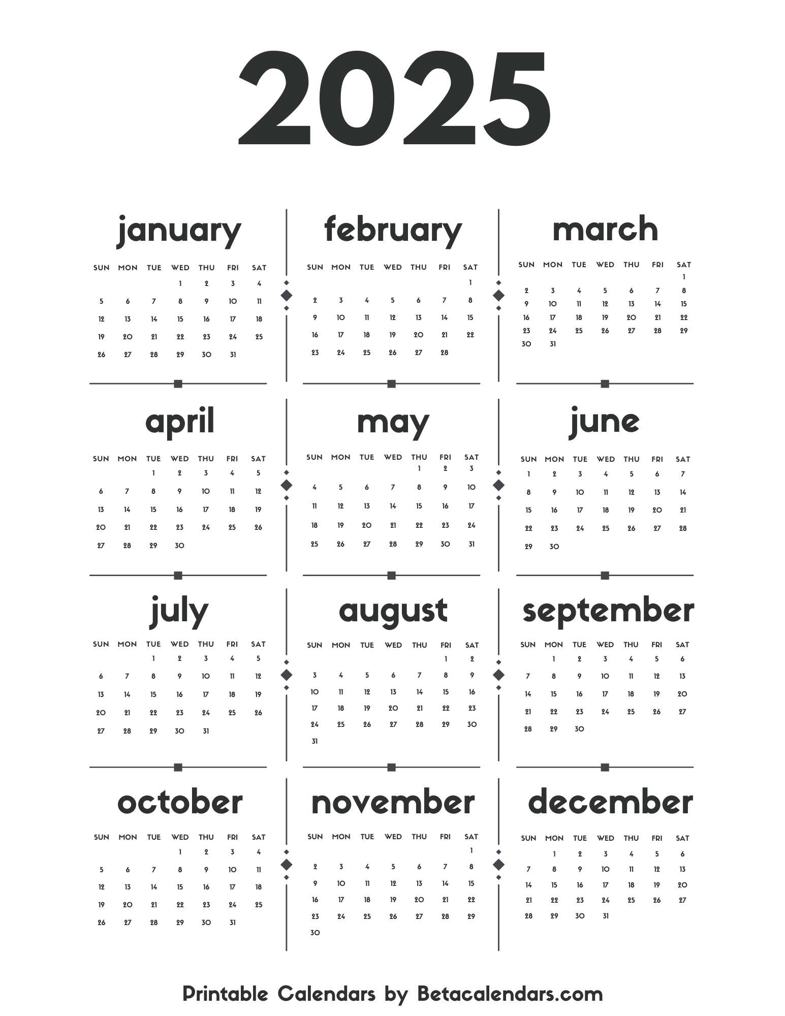 2025 Full Year Calendar Printable